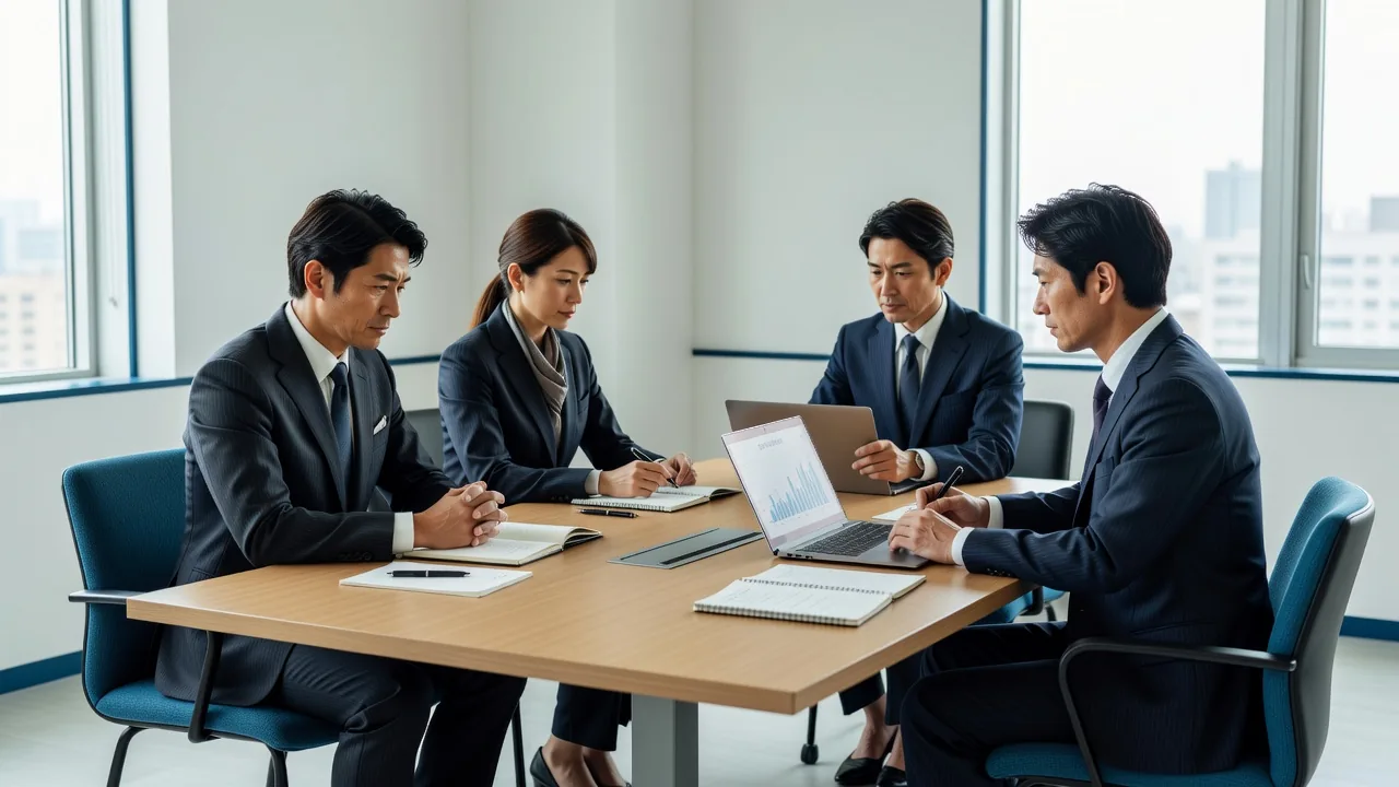 会議室でIT導入について話し合う日本人スタッフたち